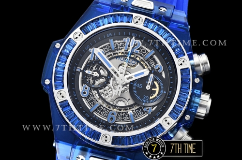 Hublot Big Bang Unico Sapphire Skeletonal Dial with Numeral Markers & Black Rehaut Baguette Blue Gems Bezel