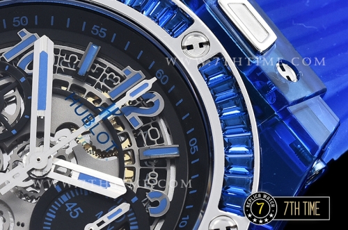 Hublot Big Bang Unico Sapphire Skeletonal Dial with Numeral Markers & Black Rehaut Baguette Blue Gems Bezel