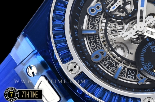 Hublot Big Bang Unico Sapphire Skeletonal Dial with Numeral Markers & Black Rehaut Baguette Blue Gems Bezel