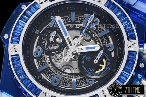 Hublot Big Bang Unico Sapphire Skeletonal Dial with Numeral Markers & Black Rehaut Baguette Blue Gems Bezel