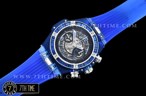 Hublot Big Bang Unico Sapphire Skeletonal Dial with Numeral Markers & Black Rehaut Baguette Blue Gems Bezel
