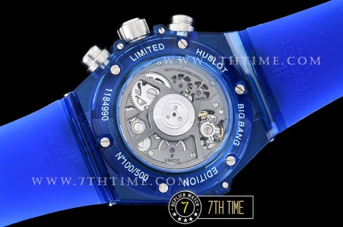 Hublot Big Bang Unico Sapphire Skeletonal Dial with Numeral Markers & Black Rehaut Baguette Blue Gems Bezel