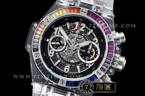 Hublot Big Bang Unico Sapphire Plastics Transparent Case Kit  Baguette Rainbow Colored Gems Bezel Skeletonal Dial with Numeral Markers