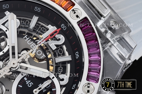 Hublot Big Bang Unico Sapphire Plastics Transparent Case Kit  Baguette Rainbow Colored Gems Bezel Skeletonal Dial with Numeral Markers