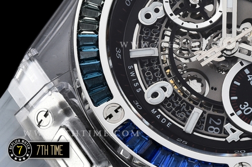Hublot Big Bang Unico Sapphire Plastics Transparent Case Kit  Baguette Rainbow Colored Gems Bezel Skeletonal Dial with Numeral Markers