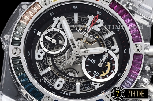 Hublot Big Bang Unico Sapphire Plastics Transparent Case Kit  Baguette Rainbow Colored Gems Bezel Skeletonal Dial with Numeral Markers