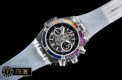 Hublot Big Bang Unico Sapphire Plastics Transparent Case Kit  Baguette Rainbow Colored Gems Bezel Skeletonal Dial with Numeral Markers