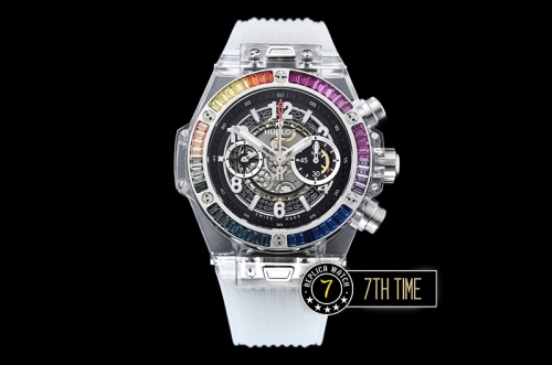 Hublot Big Bang Unico Sapphire Plastics Transparent Case Kit  Baguette Rainbow Colored Gems Bezel Skeletonal Dial with Numeral Markers