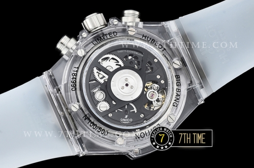 Hublot Big Bang Unico Sapphire Plastics Transparent Case Kit  Baguette Rainbow Colored Gems Bezel Skeletonal Dial with Numeral Markers