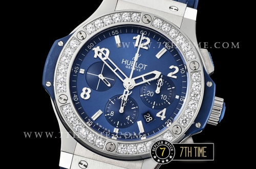Big Bang Evolution Blue Dial with SS Stick/Numeral Markers SRound Diamonds Encrusted Bezel Blue Gummy Leather