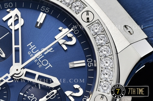 Big Bang Evolution Blue Dial with SS Stick/Numeral Markers SRound Diamonds Encrusted Bezel Blue Gummy Leather