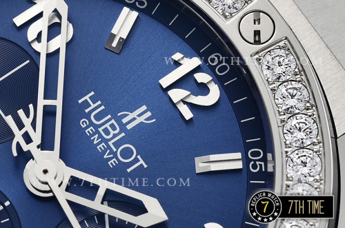 Big Bang Evolution Blue Dial with SS Stick/Numeral Markers SRound Diamonds Encrusted Bezel Blue Gummy Leather
