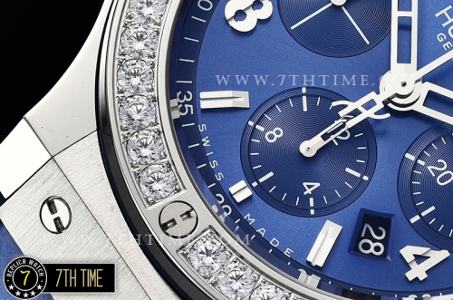 Big Bang Evolution Blue Dial with SS Stick/Numeral Markers SRound Diamonds Encrusted Bezel Blue Gummy Leather