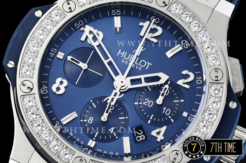 Big Bang Evolution Blue Dial with SS Stick/Numeral Markers SRound Diamonds Encrusted Bezel Blue Gummy Leather