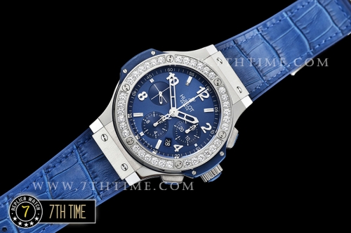 Big Bang Evolution Blue Dial with SS Stick/Numeral Markers SRound Diamonds Encrusted Bezel Blue Gummy Leather