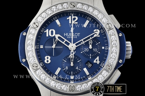 Big Bang Evolution Blue Dial with SS Stick/Numeral Markers SRound Diamonds Encrusted Bezel Blue Gummy Leather