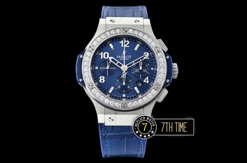 Big Bang Evolution Blue Dial with SS Stick/Numeral Markers SRound Diamonds Encrusted Bezel Blue Gummy Leather