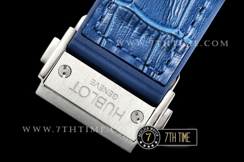 Big Bang Evolution Blue Dial with SS Stick/Numeral Markers SRound Diamonds Encrusted Bezel Blue Gummy Leather
