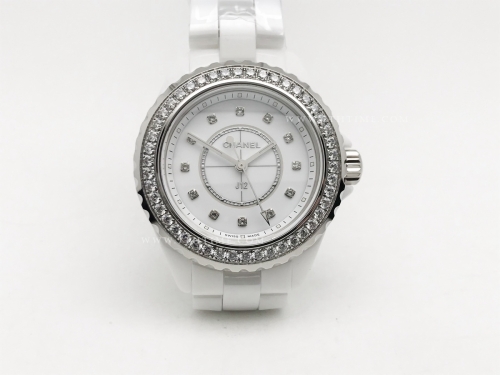 J-12 Ladies 33mm Dia CER/CER Wht/Dia XF Sw Qtz