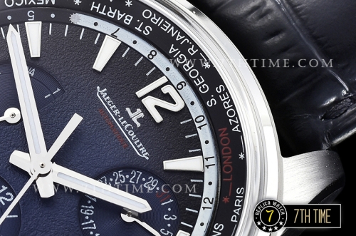 Jaeger Lecoultre Polaris Geographic Blue Dial Stick Markers Black Croc Print Calf Leather Strap