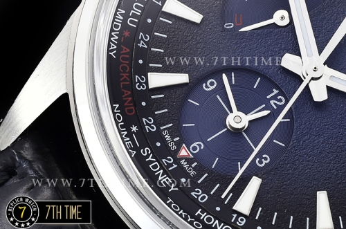 Jaeger Lecoultre Polaris Geographic Blue Dial Stick Markers Black Croc Print Calf Leather Strap