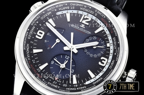 Jaeger Lecoultre Polaris Geographic Blue Dial Stick Markers Black Croc Print Calf Leather Strap
