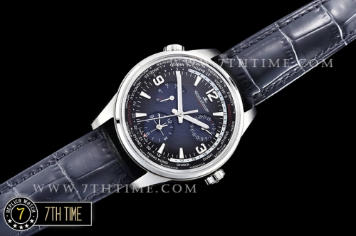 Jaeger Lecoultre Polaris Geographic Blue Dial Stick Markers Black Croc Print Calf Leather Strap