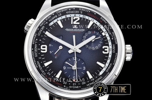 Jaeger Lecoultre Polaris Geographic Blue Dial Stick Markers Black Croc Print Calf Leather Strap