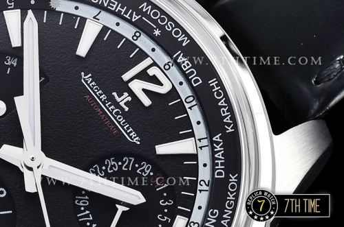 Jaeger Lecoultre Polaris Geographic Black Dial Stick Markers Black Croc Print Calf Leather Strap