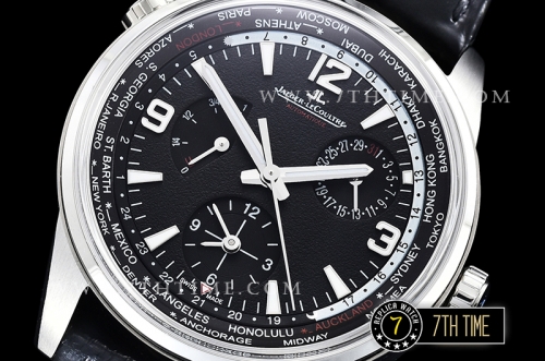 Jaeger Lecoultre Polaris Geographic Black Dial Stick Markers Black Croc Print Calf Leather Strap