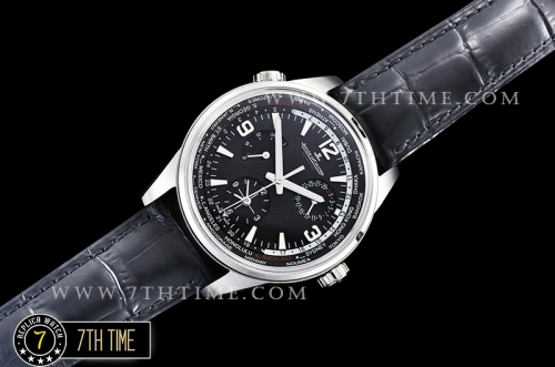 Jaeger Lecoultre Polaris Geographic Black Dial Stick Markers Black Croc Print Calf Leather Strap