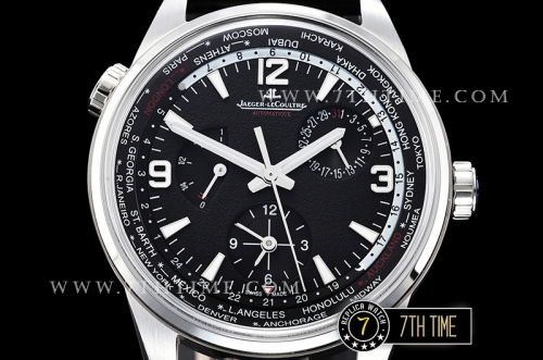 Jaeger Lecoultre Polaris Geographic Black Dial Stick Markers Black Croc Print Calf Leather Strap