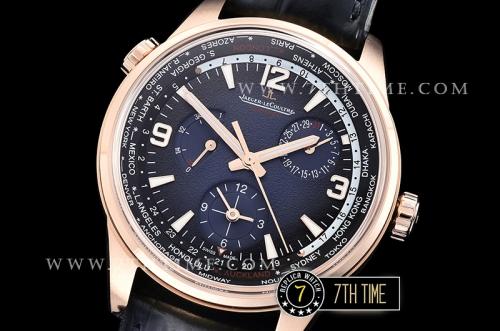 Jaeger Lecoultre Polaris Geographic Blue Dial Stick Markers 18K Rose Gold Thick Plated Case Black Croc Print Calf Leather Strap
