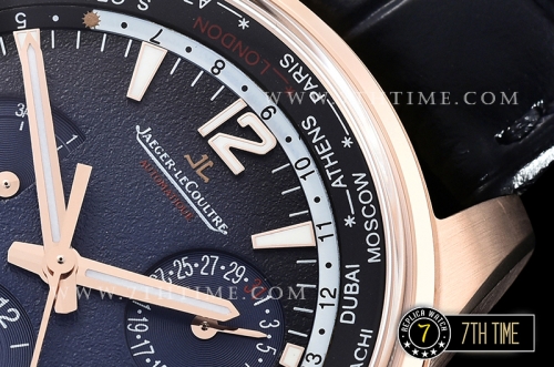 Jaeger Lecoultre Polaris Geographic Blue Dial Stick Markers 18K Rose Gold Thick Plated Case Black Croc Print Calf Leather Strap