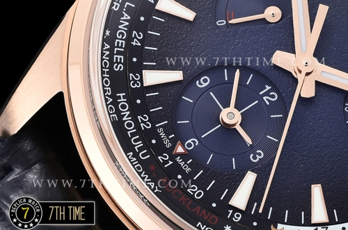 Jaeger Lecoultre Polaris Geographic Blue Dial Stick Markers 18K Rose Gold Thick Plated Case Black Croc Print Calf Leather Strap
