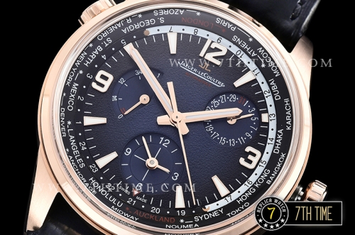 Jaeger Lecoultre Polaris Geographic Blue Dial Stick Markers 18K Rose Gold Thick Plated Case Black Croc Print Calf Leather Strap