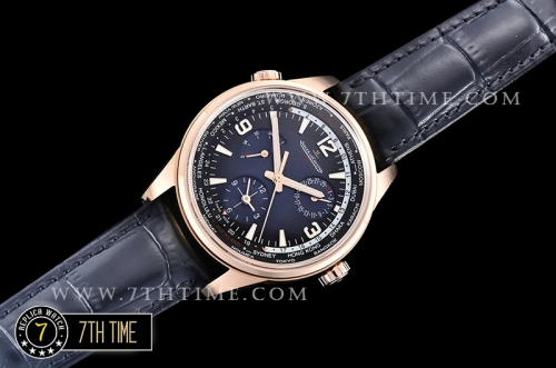 Jaeger Lecoultre Polaris Geographic Blue Dial Stick Markers 18K Rose Gold Thick Plated Case Black Croc Print Calf Leather Strap
