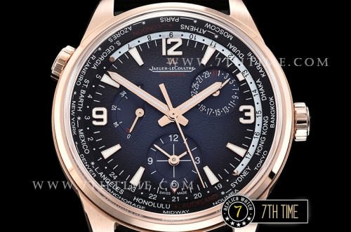 Jaeger Lecoultre Polaris Geographic Blue Dial Stick Markers 18K Rose Gold Thick Plated Case Black Croc Print Calf Leather Strap