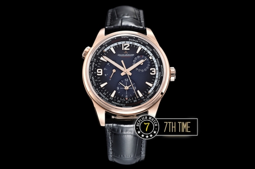 Jaeger Lecoultre Polaris Geographic Blue Dial Stick Markers 18K Rose Gold Thick Plated Case Black Croc Print Calf Leather Strap