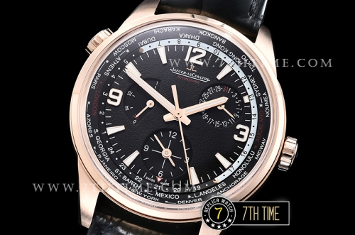 Jaeger Lecoultre Polaris Geographic Black Dial Stick Markers 18K Rose Gold Thick Plated Case Black Croc Print Calf Leather Strap