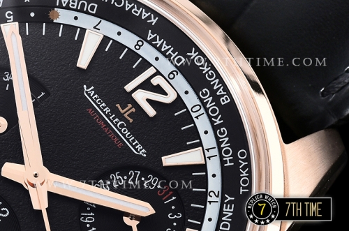 Jaeger Lecoultre Polaris Geographic Black Dial Stick Markers 18K Rose Gold Thick Plated Case Black Croc Print Calf Leather Strap