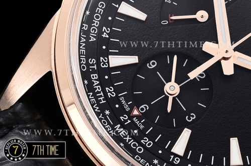 Jaeger Lecoultre Polaris Geographic Black Dial Stick Markers 18K Rose Gold Thick Plated Case Black Croc Print Calf Leather Strap