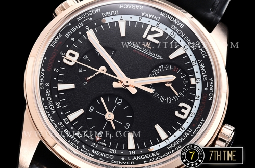 Jaeger Lecoultre Polaris Geographic Black Dial Stick Markers 18K Rose Gold Thick Plated Case Black Croc Print Calf Leather Strap