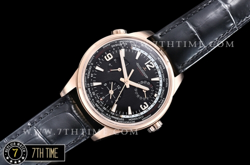 Jaeger Lecoultre Polaris Geographic Black Dial Stick Markers 18K Rose Gold Thick Plated Case Black Croc Print Calf Leather Strap