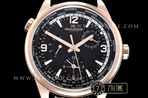 Jaeger Lecoultre Polaris Geographic Black Dial Stick Markers 18K Rose Gold Thick Plated Case Black Croc Print Calf Leather Strap