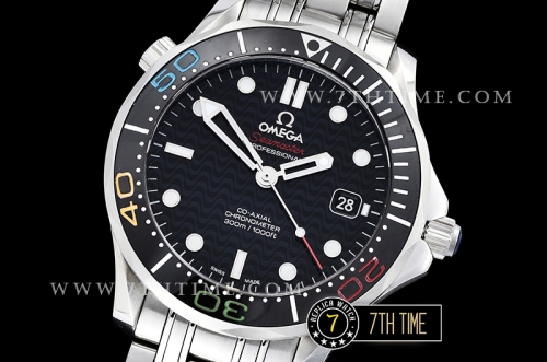Seamaster Diver 300m Black Ceramic Bezel with Colored Numerals Black Dial with Dot Markers & Wavy Motif Solid Stainless Steel 316F Bracelet
