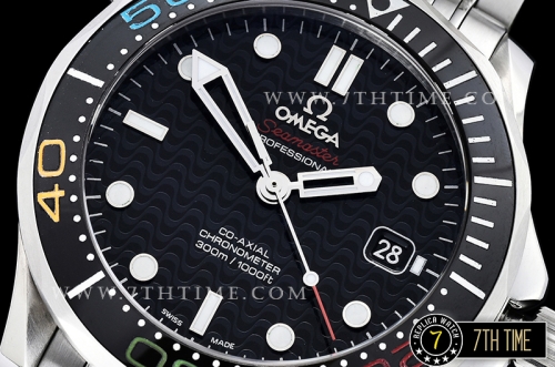 Seamaster Diver 300m Black Ceramic Bezel with Colored Numerals Black Dial with Dot Markers & Wavy Motif Solid Stainless Steel 316F Bracelet