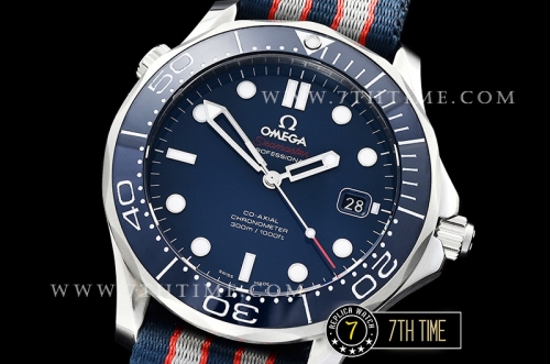 Seamaster Diver 300m Co-Axial Blue Ceramic Bezel Blue Dial with Dot Markers  Special Omega Commander Limited Edition Nylon Strap