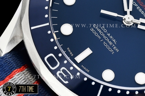 Seamaster Diver 300m Co-Axial Blue Ceramic Bezel Blue Dial with Dot Markers  Special Omega Commander Limited Edition Nylon Strap