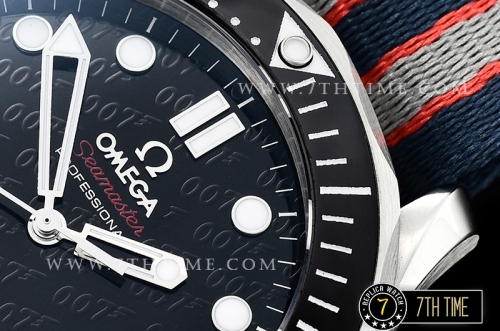 Seamaster Diver 300m 007 James Bond 50th Black Ceramic with Red "50" Bezel Black Dial with Dot Markers with Special 007 Motif Special Omega Commander Limited Edition Nylon Strap